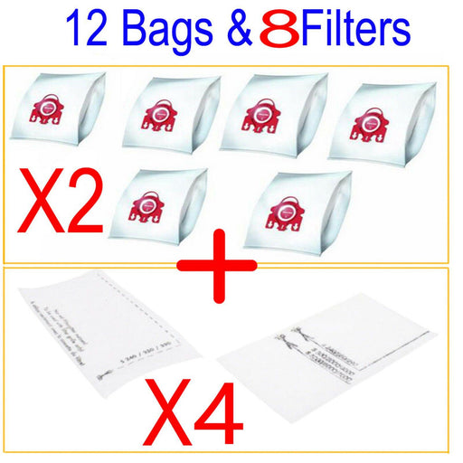 12 Synthetic Bags & 8 Filters For Miele FJM Compact C2 Allergy EcoLine PowerLine Sparesbarn